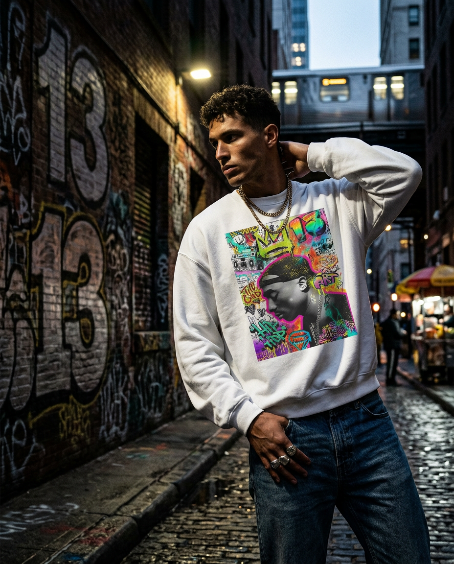 Sweatshirt Camalestore com estampa de grafite e coroa, modelo masculino de moda urbana e streetwear.
