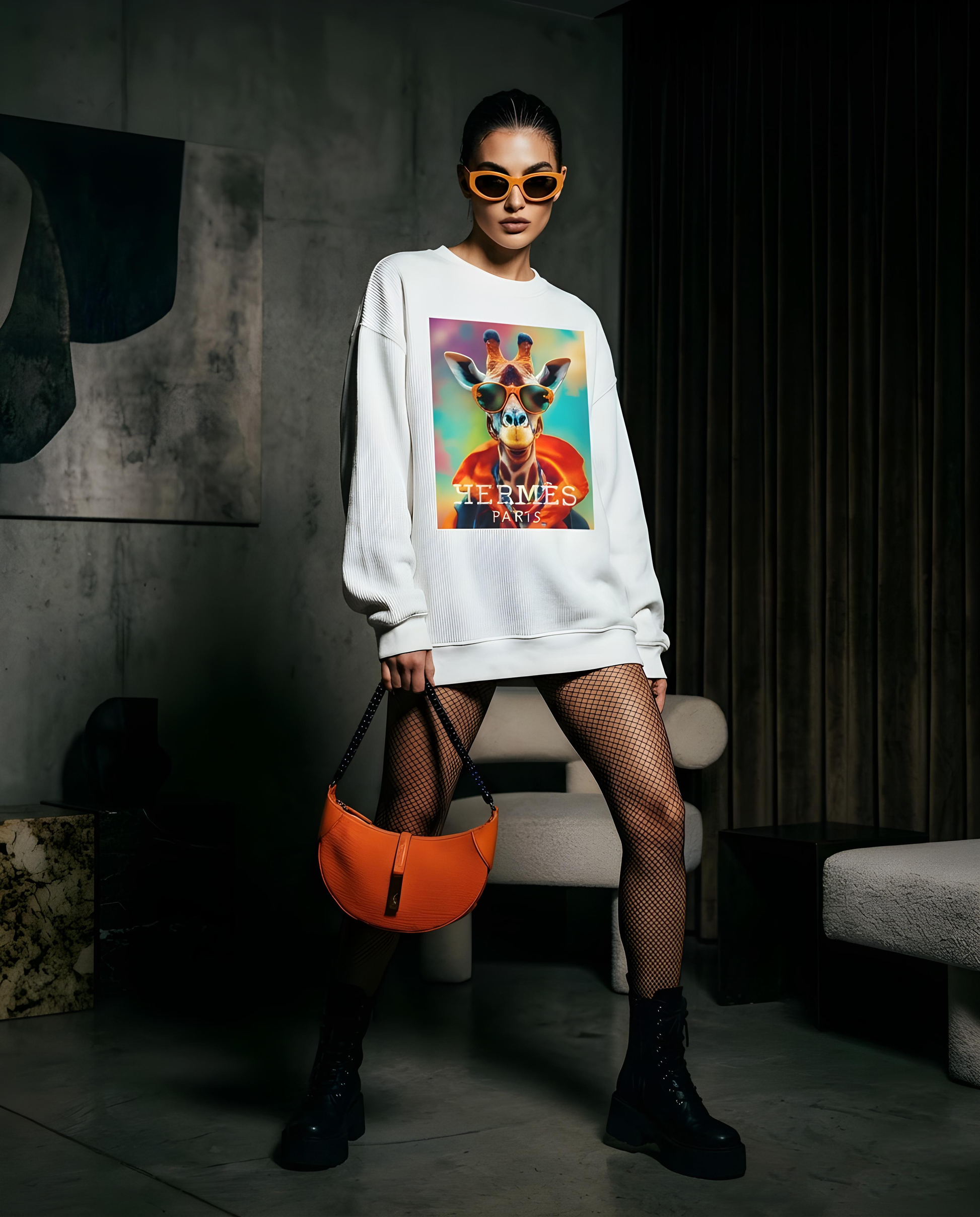 Sweatshirt H Giraffe da Camalestore, modelo feminino usando uma sweatshirt de estilo casual com estampa de girafa.