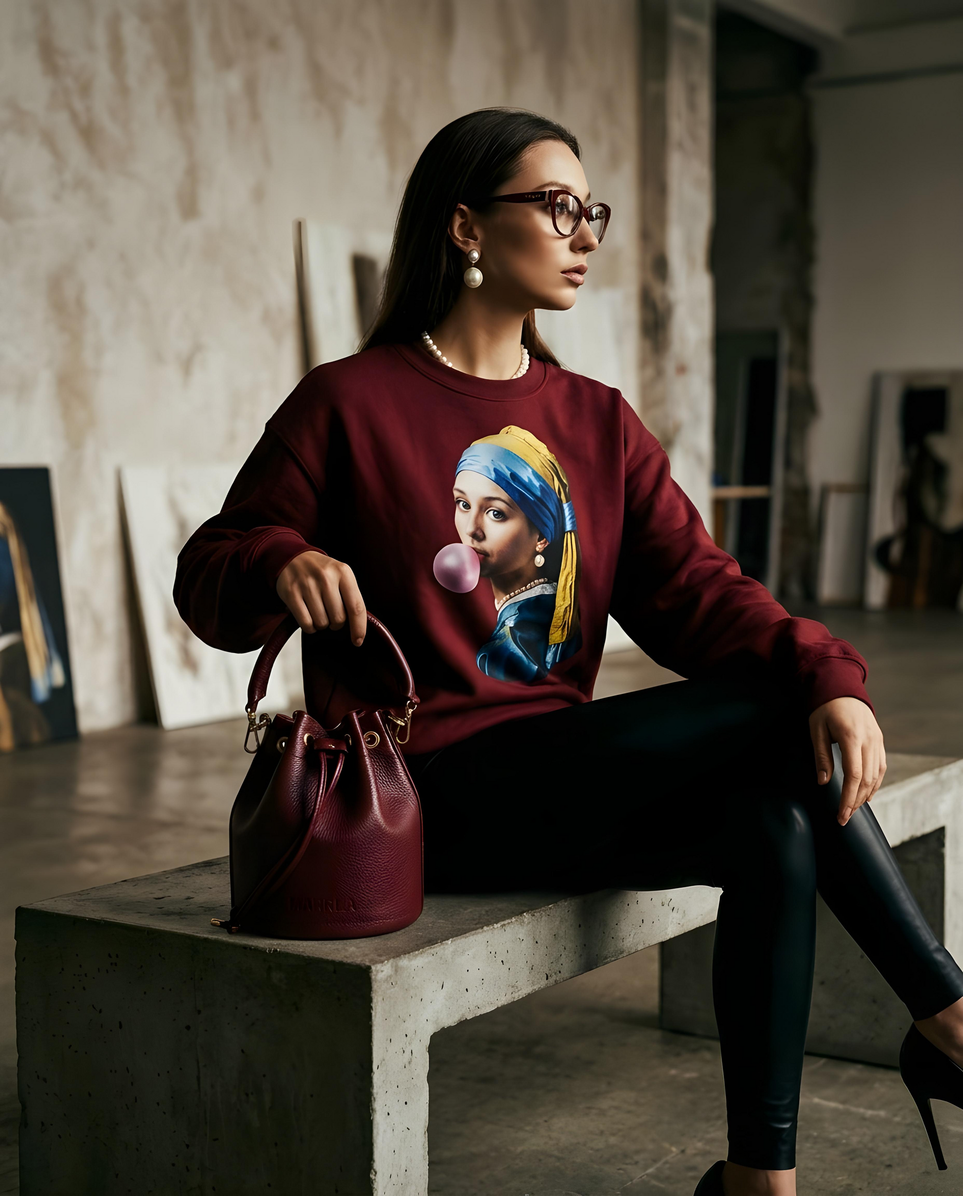 Sweatshirt Pearl Bubblegum da Camalestore, modelo feminino usa sweatshirt de cor rosa claro, estilo casual e confortável.