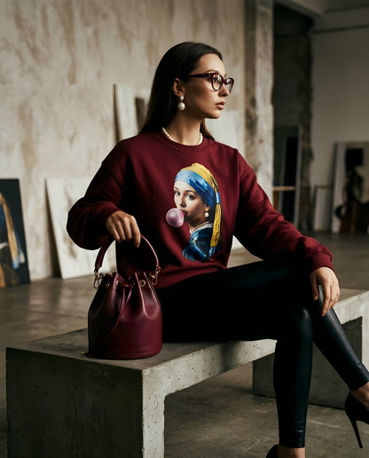 Sweatshirt Pearl Bubblegum da Camalestore, modelo feminino usa sweatshirt de cor rosa claro, estilo casual e confortável.