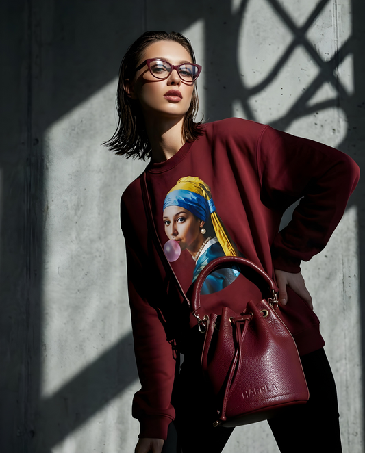 Sweatshirt Pearl Bubblegum da Camalestore, modelo feminino com design moderno, em cor rosa claro, em fundo neutro.