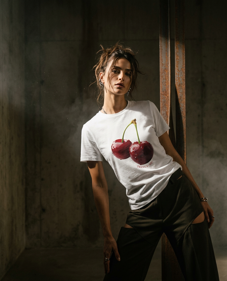 Camalestore camiseta Cherry Bite Me, modelo feminino com silhueta forte, iluminação cinematográfica, pose para campanha de moda.