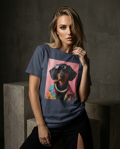 Camalestore T-shirt Smoking Dachshund, camiseta de algodão com estampa de salsicha fumando, estilo minimalista e moderno.