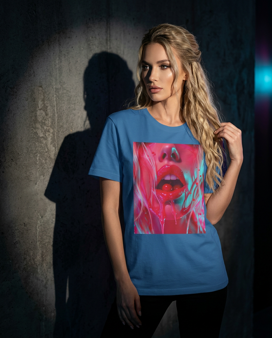 Camalestore T-shirt Cherry Glaze, modelo posando com silhueta forte, iluminação cinematográfica e composição assimétrica.