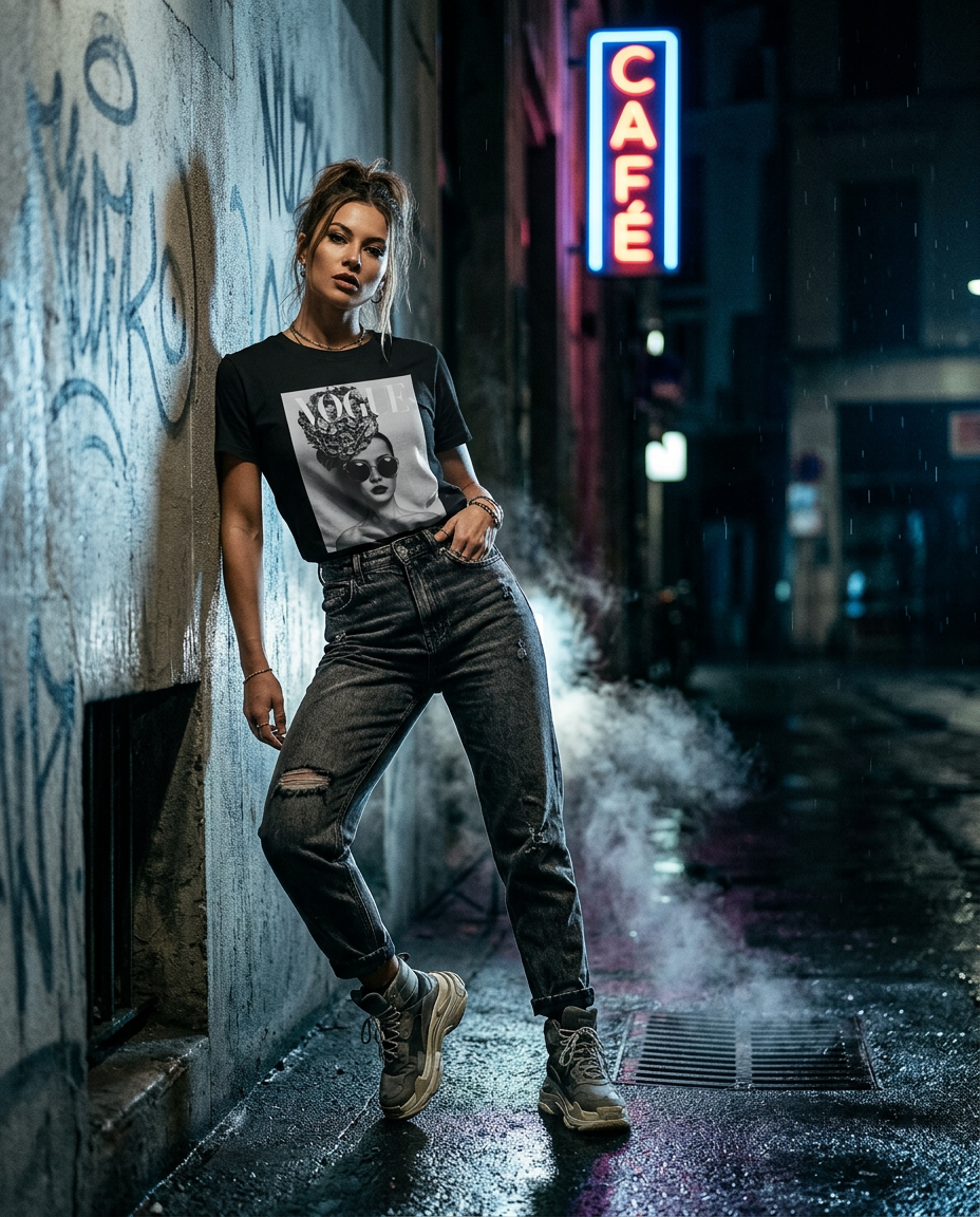 Camalestore T-shirt Floral Noir com estampa de flores, modelo feminino posando com iluminação cinematográfica e silhueta forte.