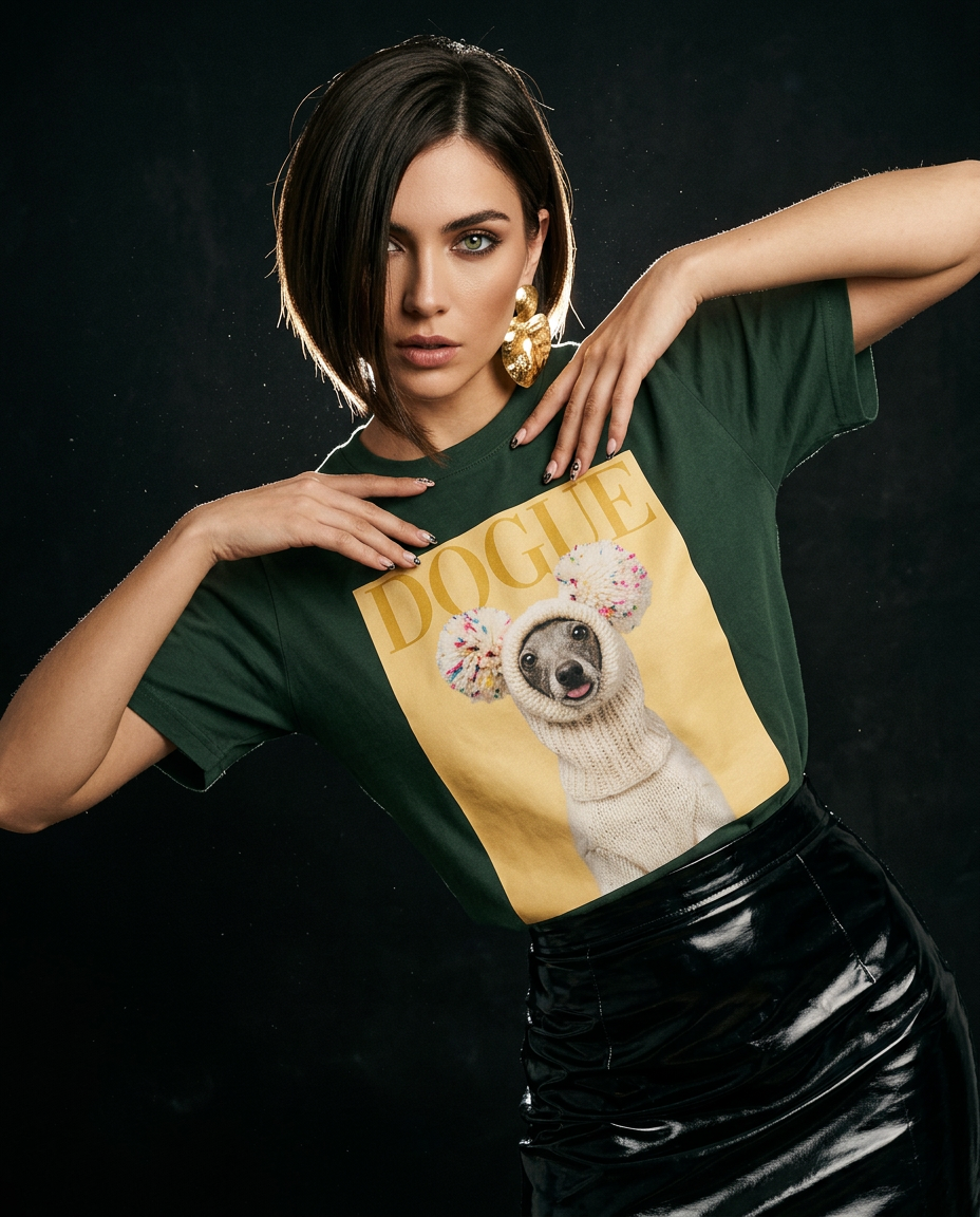 Camalestore T-shirt Dogue Balaclava usada por modelo em ensaio fotográfico com iluminação cinematográfica e silhueta forte.