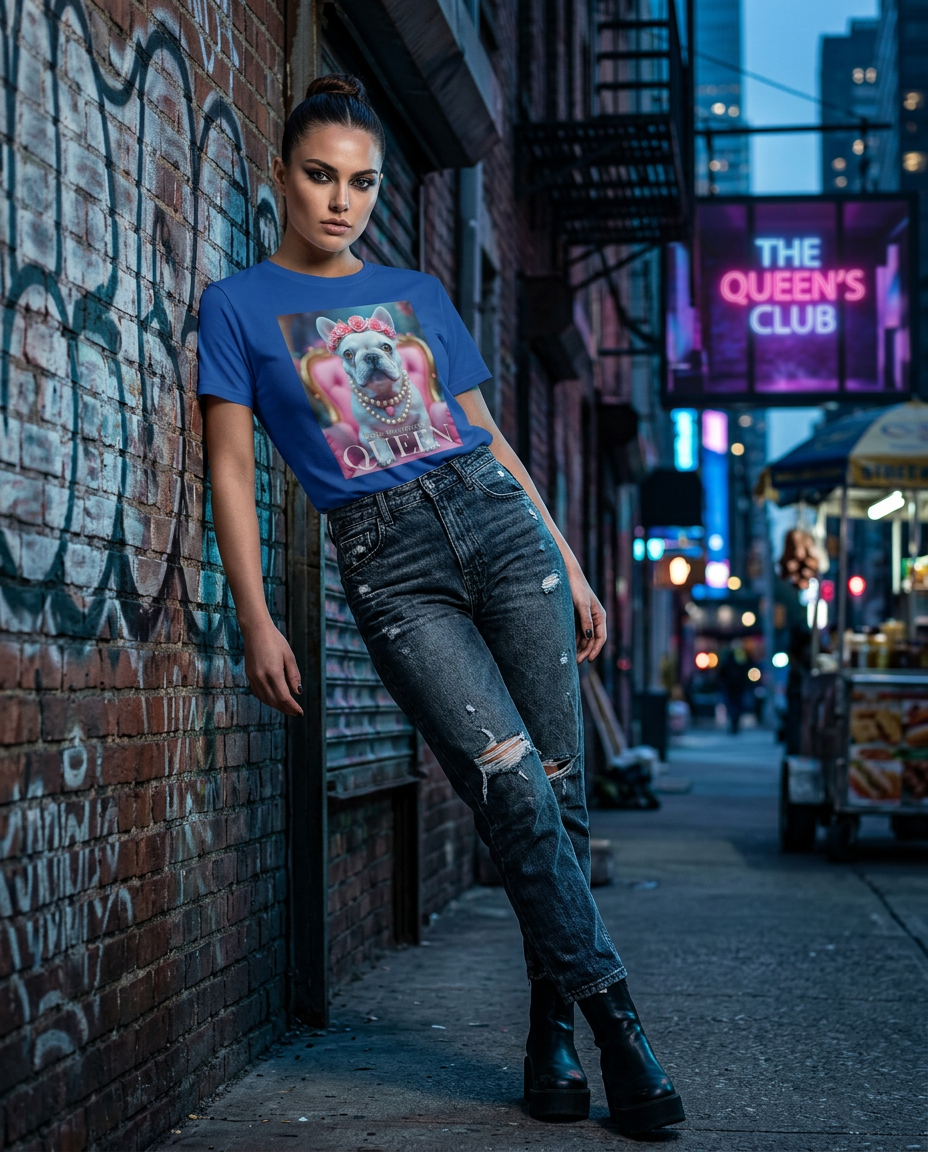 Camiseta Frenchie Queen da Camalestore com silhueta forte, iluminação cinematográfica e composição assimétrica.