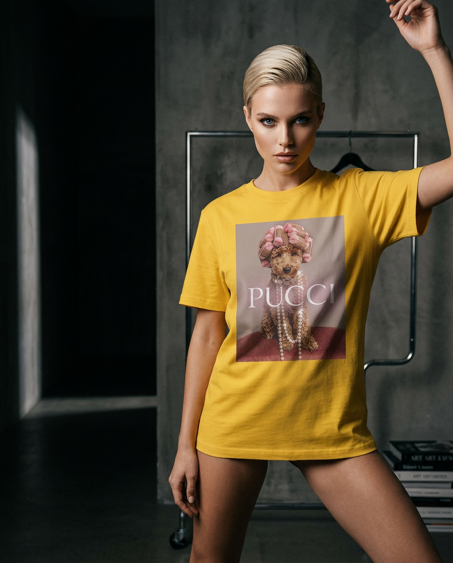 Camiseta Poo Glam da Camalestore, modelo posando com silhueta forte e iluminação cinematográfica.
