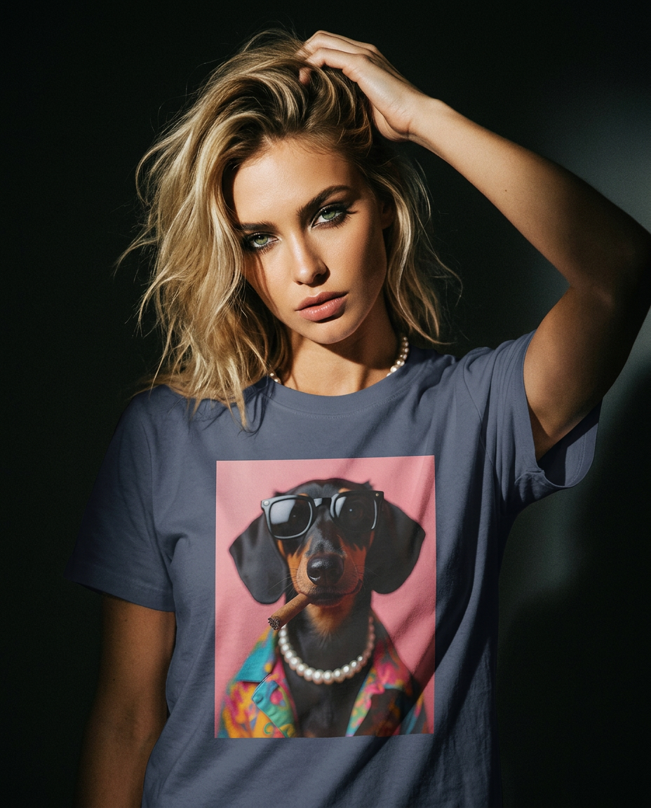 Camiseta Smoking Dachshund da Camalestore, modelo posando com silhueta forte e iluminação cinematográfica.