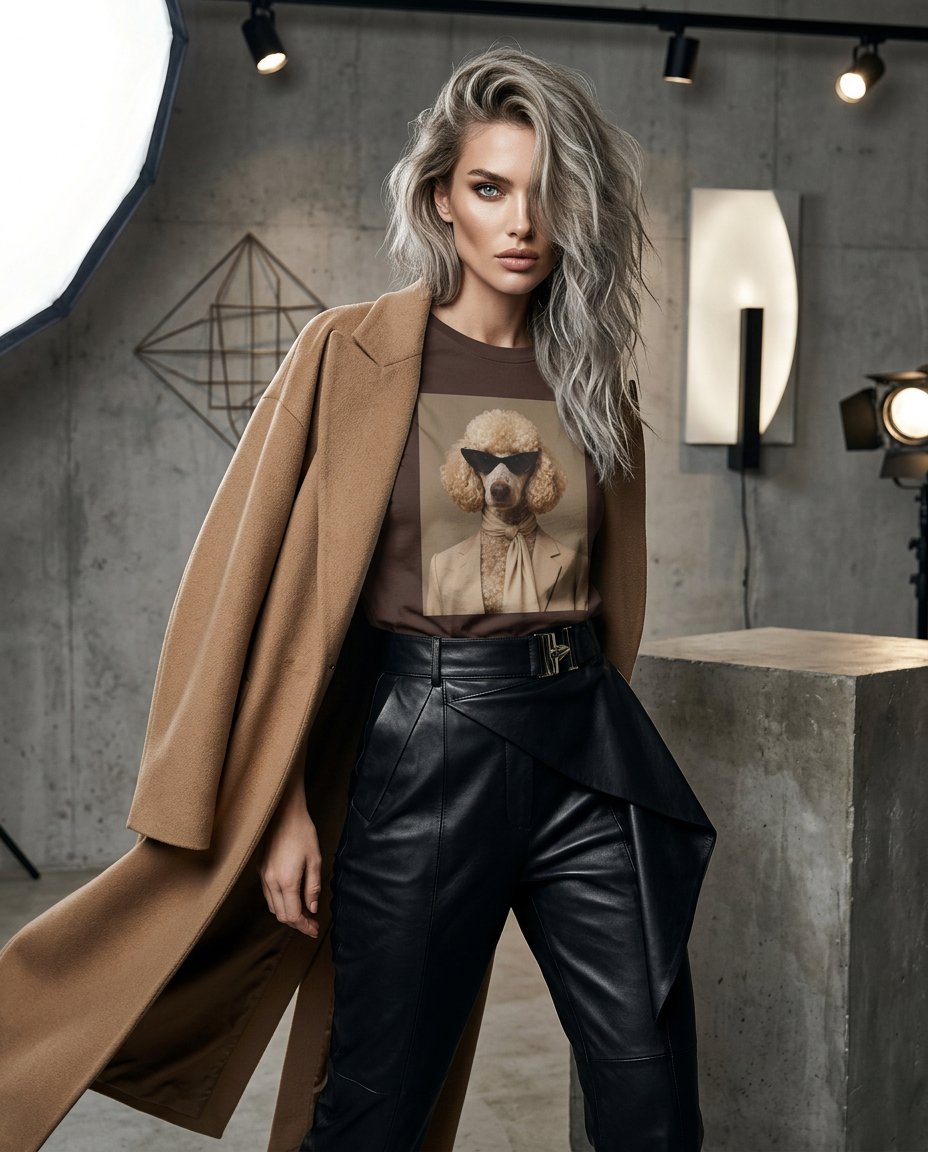 Camiseta Poodle Tailor da Camalestore, modelo feminino com cabelo loiro e olhos azuis, posando com iluminação cinematográfica.
