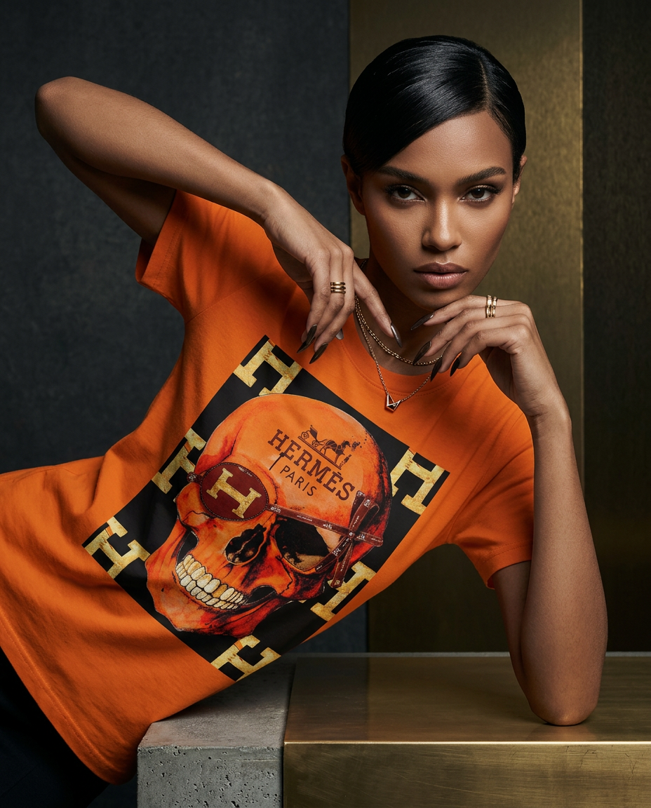 Camiseta Iconic Skull da Camalestore, modelo posando com silhueta forte e iluminação cinematográfica, composição assimétrica.