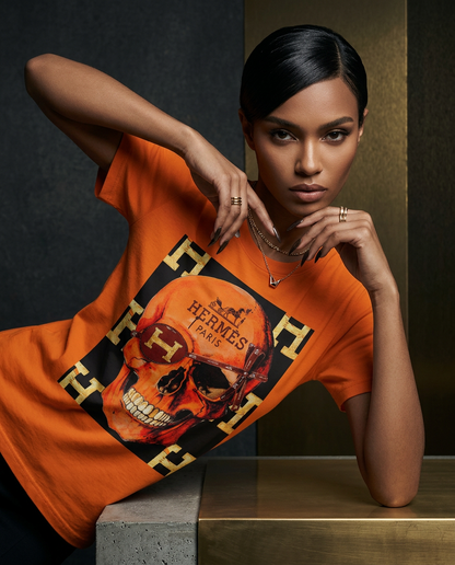 Camiseta Iconic Skull da Camalestore, modelo posando com silhueta forte e iluminação cinematográfica, composição assimétrica.