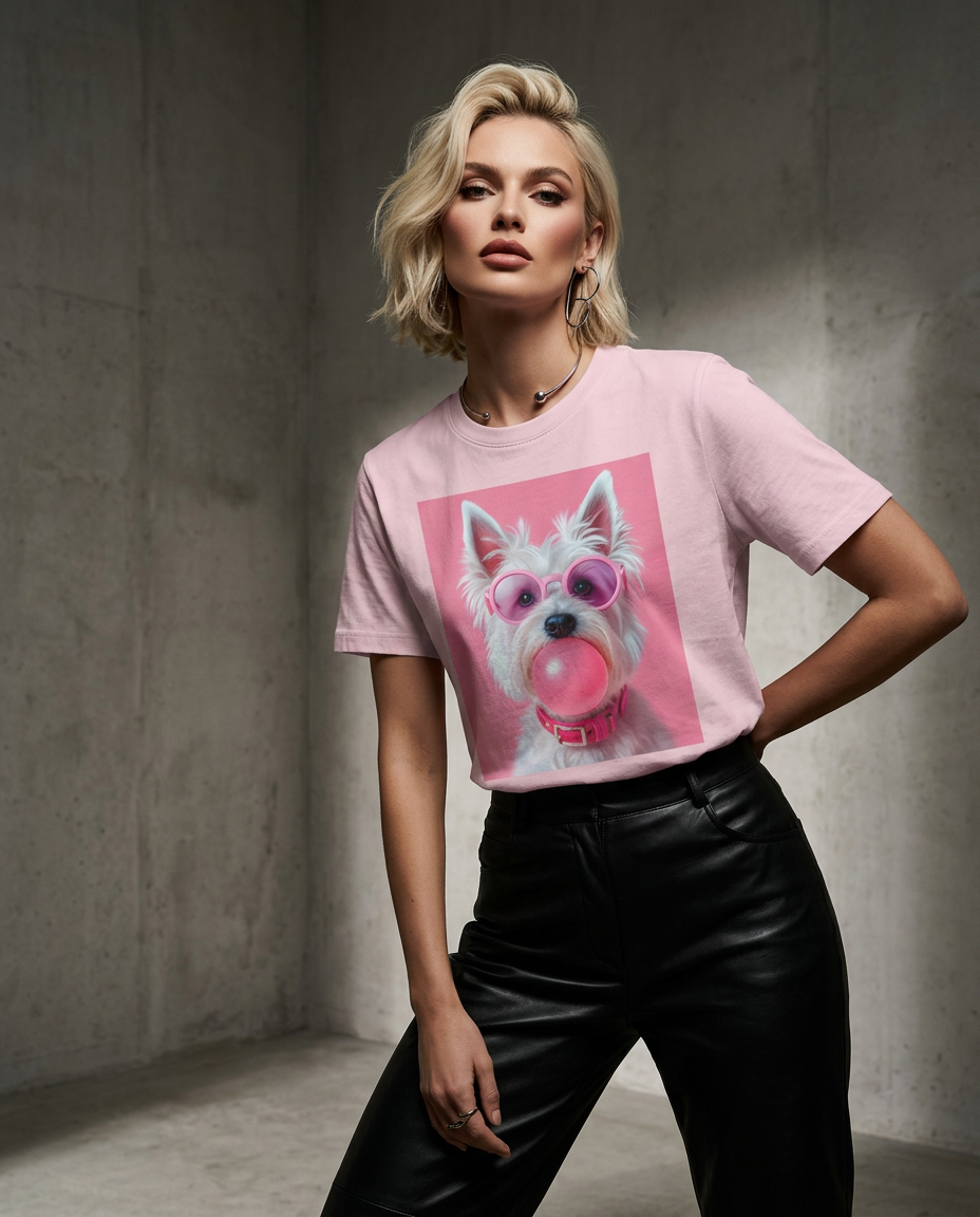 Camiseta Bubble Terrier da Camalestore, modelo posando com silhueta forte e iluminação cinematográfica, composição assimétrica.