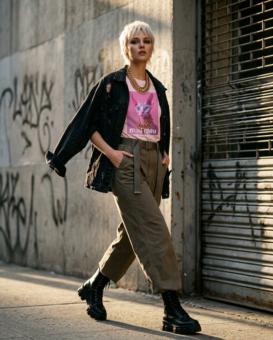 Camalestore T-shirt rosa com estampa de Sphynx dourado, modelo feminino posando com iluminação cinematográfica e silhueta forte.