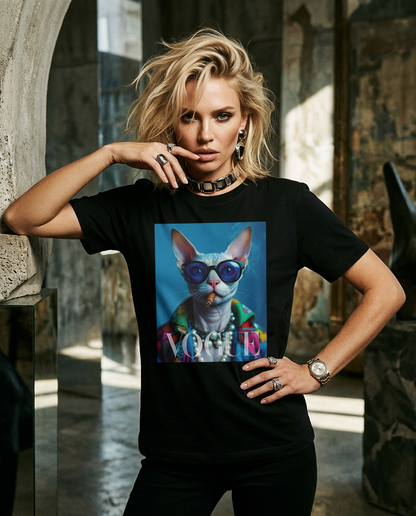 Camiseta Neo-Sphynx Studio da Camalestore, modelo posando com iluminação cinematográfica e silhueta marcante.