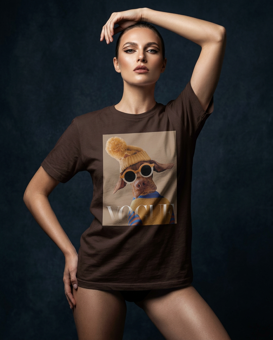 Camiseta Crimson Aviator da Camalestore usada por modelo feminina, com silhueta forte e iluminação cinematográfica.
