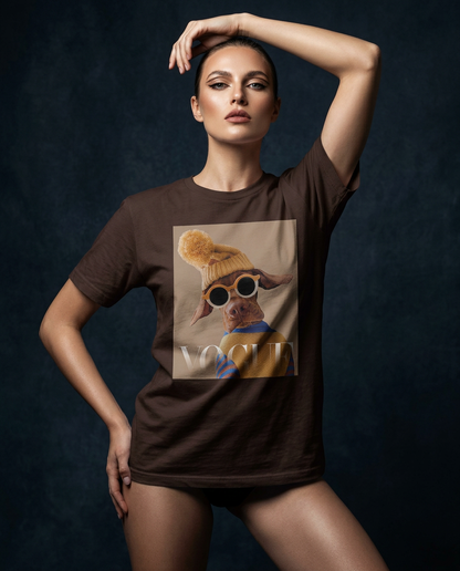 Camiseta Crimson Aviator da Camalestore usada por modelo feminina, com silhueta forte e iluminação cinematográfica.