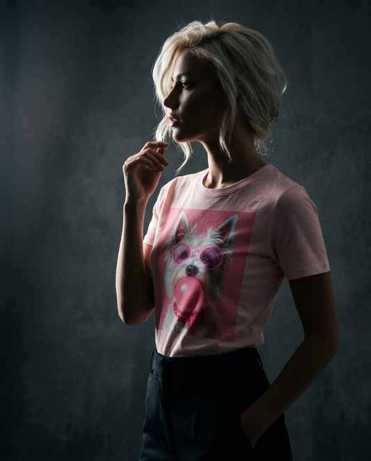 Camalestore T-shirt Bubble Terrier com ilustração de cachorro em silhueta, iluminação cinematográfica e composição assimétrica.