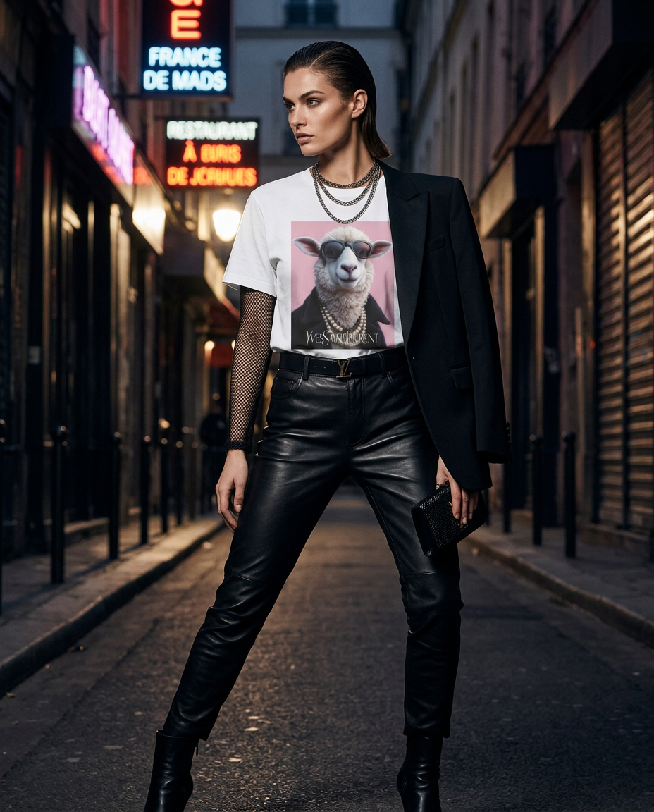Camiseta Camalestore com ícone de ovelha de pérola, modelo posando com iluminação cinematográfica e composição assimétrica.