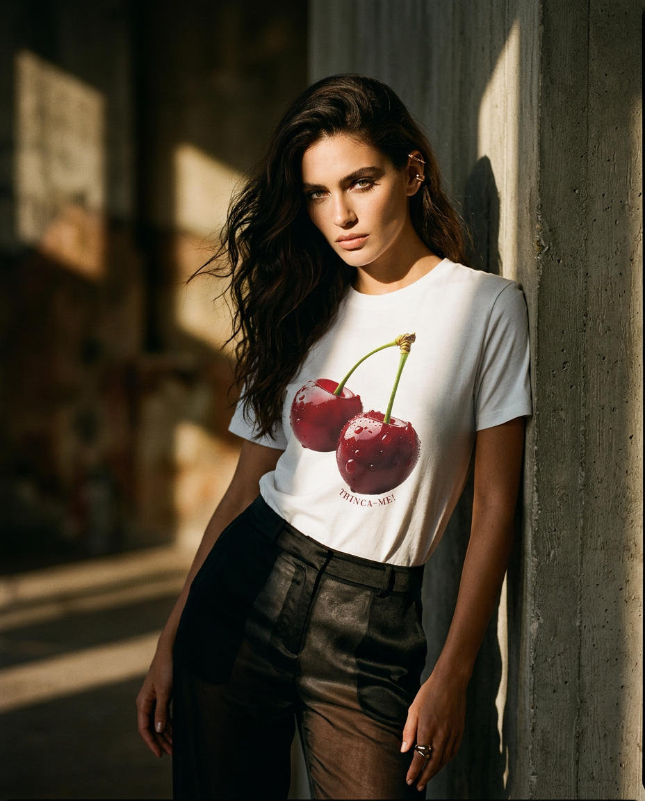 Camiseta Cherry Bite Me da Camalestore, modelo posando com silhueta forte, iluminação cinematográfica e composição assimétrica.