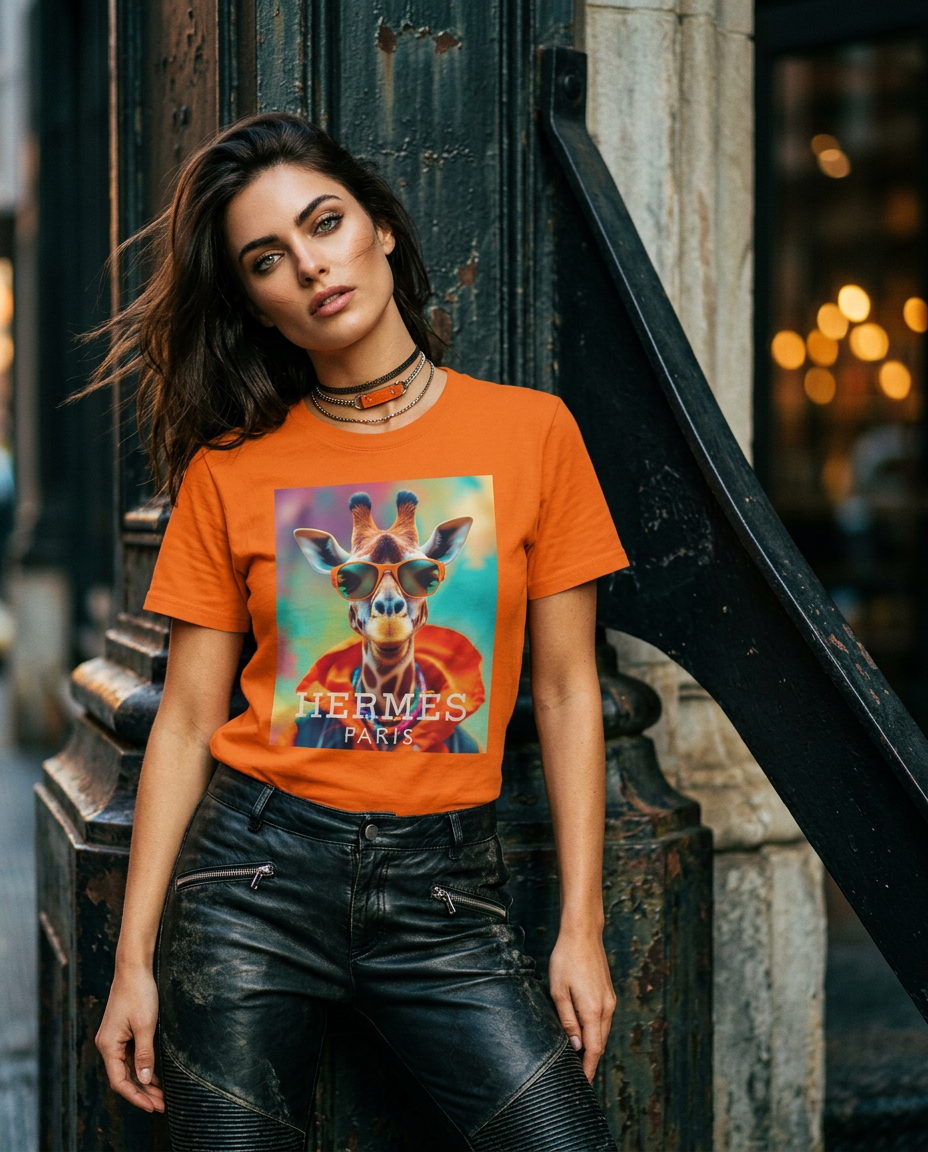 Modelo feminino usando camiseta laranja Safari Elite da Camalestore, com iluminação cinematográfica e silhueta forte.