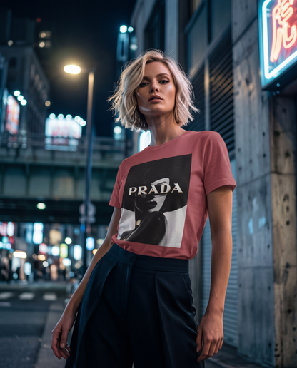 Camiseta Shadow Couture Muse da Camalestore, modelo com silhueta forte, iluminação cinematográfica e composição assimétrica.