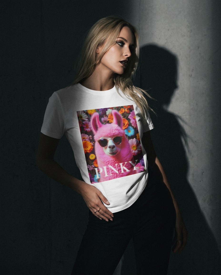 Camiseta Pink Llama Studio da Camalestore, com silhueta forte, iluminação cinematográfica e composição assimétrica em destaque.