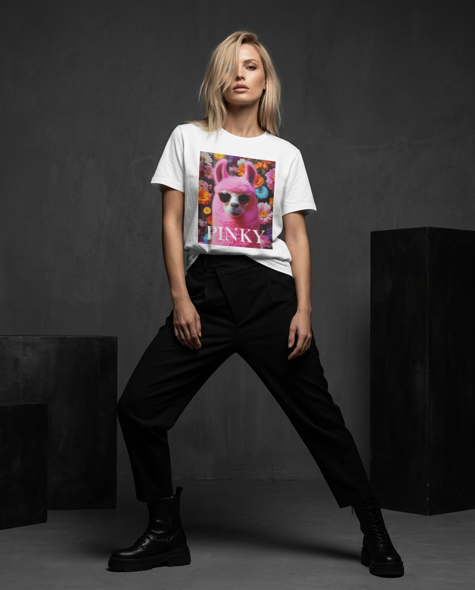 Camalestore T-shirt Pink Llama Studio, modelo posando, iluminação cinematográfica e composição assimétrica.