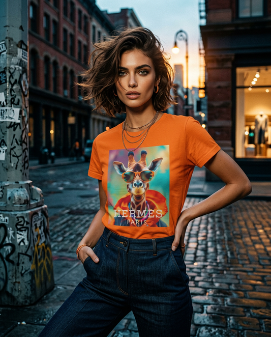T-shirt laranja Safari Elite da Camalestore, modelo feminino com olhos verdes, posando com iluminação cinematográfica e silhueta forte.