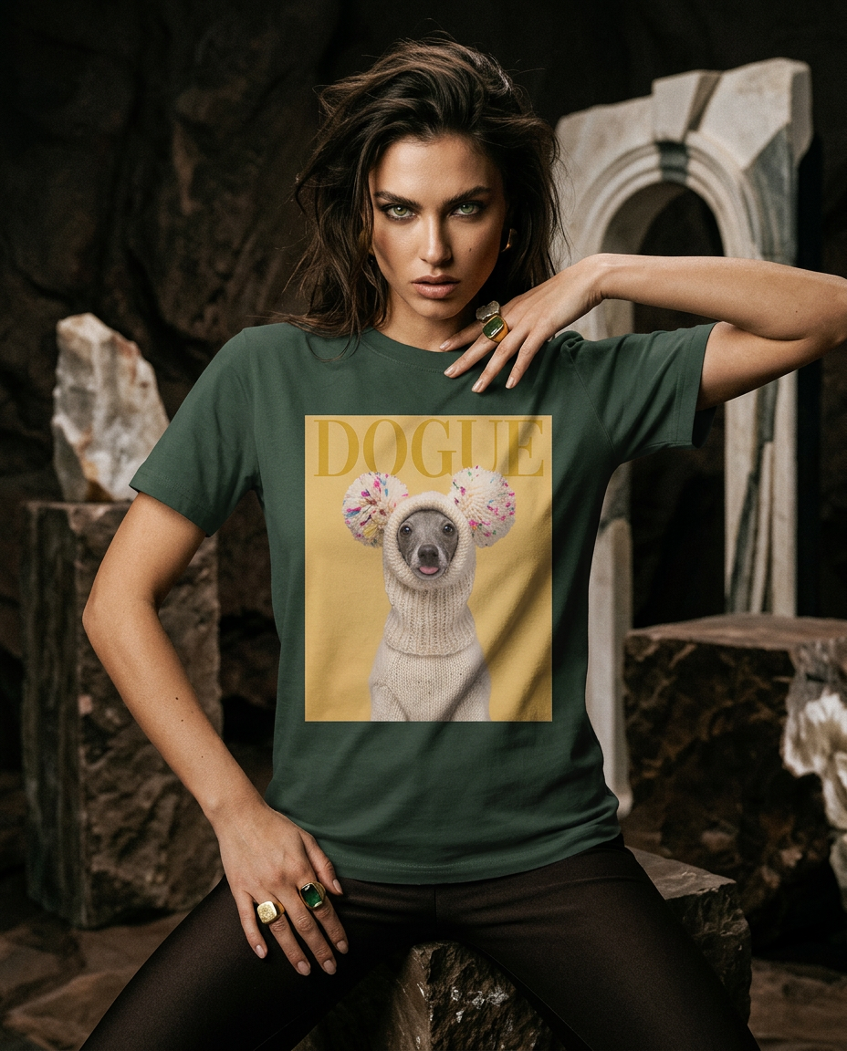 T-shirt Camalestore Dogue Balaclava com estampa de cachorro, modelo feminino com olhos verdes e iluminação cinematográfica