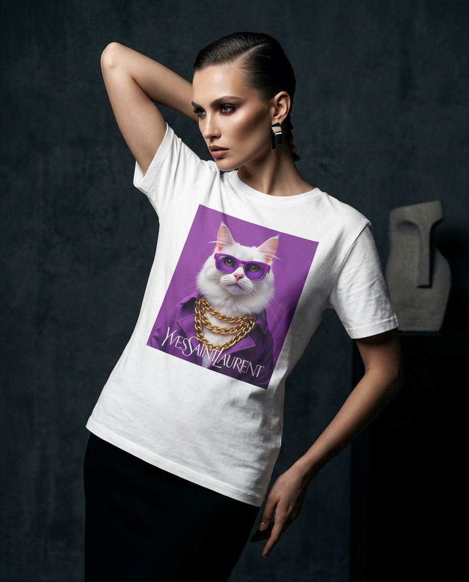 Camalestore T-shirt Feline Drip, modelo usando a camiseta com estampa única, iluminação cinematográfica e composição assimétrica.