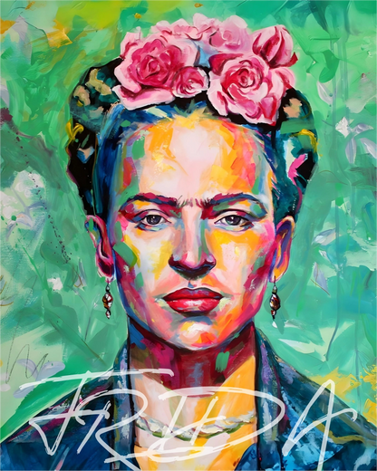 Camiseta Kahlo Chromatic da Camalestore, t-shirt verde com estampa artística de Frida Kahlo, estilo vibrante e colorido.