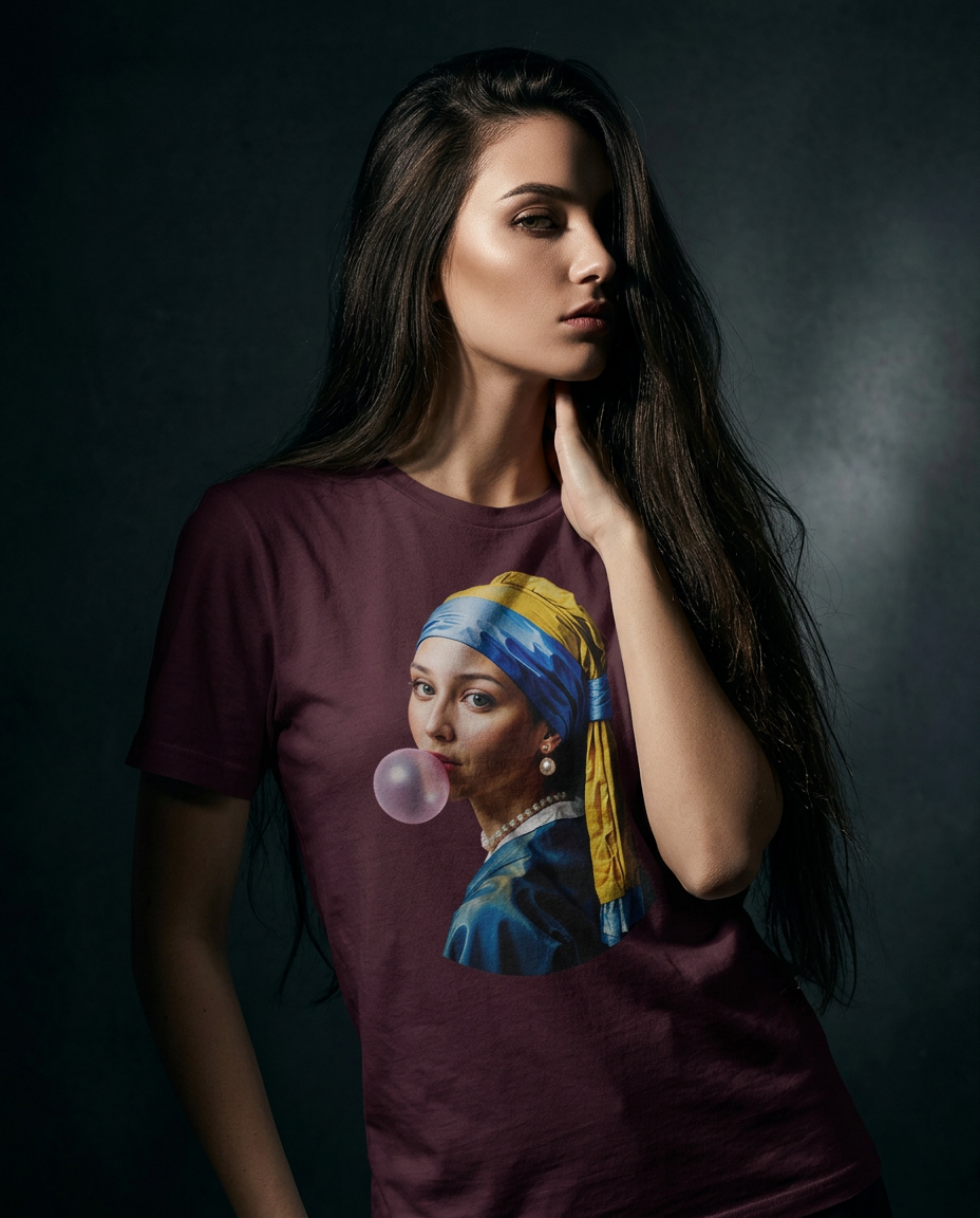 Camalestore T-shirt Pearl Bubble para mulher, modelo com cabelo castanho longo, posando sob luz cinematográfica com silhueta forte.