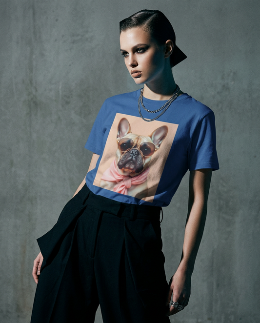T-shirt Royal Muse da Camalestore, modelo posando com silhueta forte e iluminação cinematográfica, composição assimétrica.