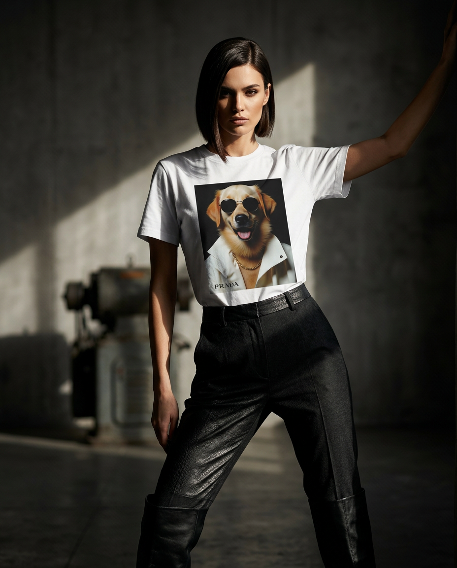 Modelo usando camiseta Golden Style da Camalestore, posando em iluminação cinematográfica com silhueta forte e composição assimétrica.