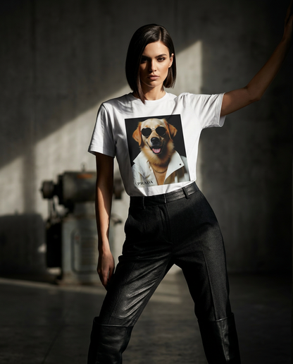 Modelo usando camiseta Golden Style da Camalestore, posando em iluminação cinematográfica com silhueta forte e composição assimétrica.