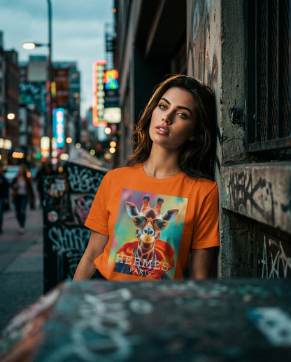 Modelo feminino usando camiseta laranja Safari Elite da Camalestore, em pose com iluminação cinematográfica e silhueta forte.