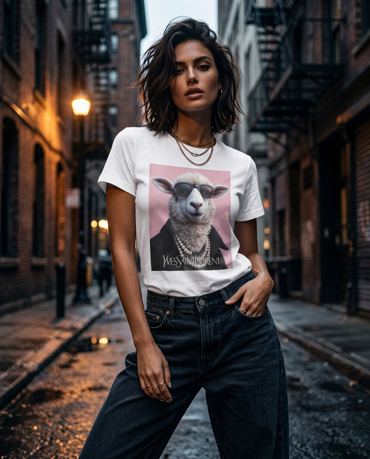 Camiseta Camalestore com ícone de ovelha e pérola, modelo posando em iluminação cinematográfica com silhueta forte.