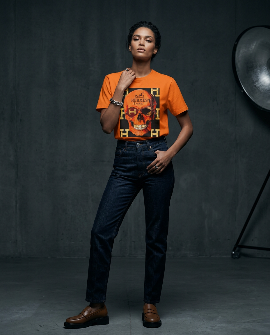 Camiseta Iconic Skull da Camalestore, modelo posando com silhueta forte, iluminação cinematográfica e composição assimétrica.