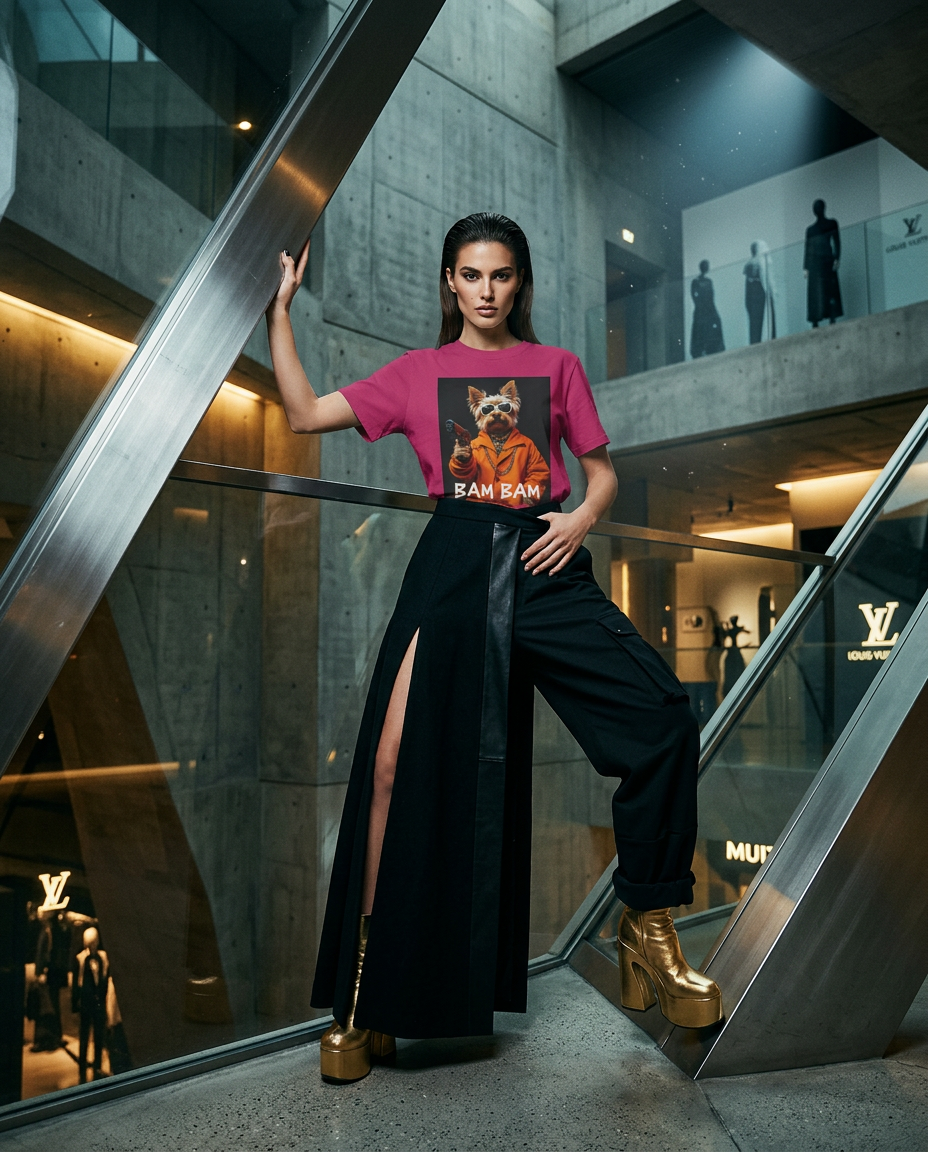 Camalestore camiseta T-shirt Bam Bam Gangster com modelo posando, silhueta forte e iluminação cinematográfica.