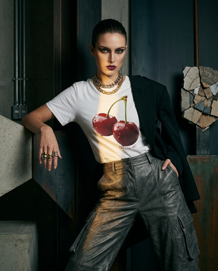 Camiseta Cherry Bite Me da Camalestore, modelo posando com silhueta forte, iluminação cinematográfica e composição assimétrica.
