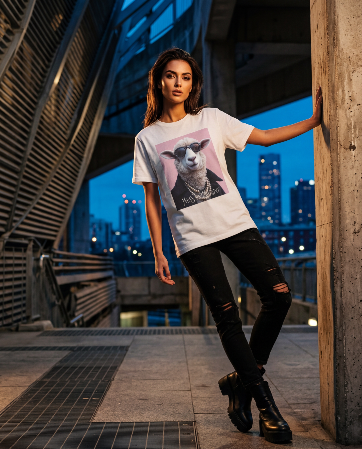 Camiseta Sheep Pearl Icon da Camalestore, modelo com silhueta forte, iluminação cinematográfica e composição assimétrica.