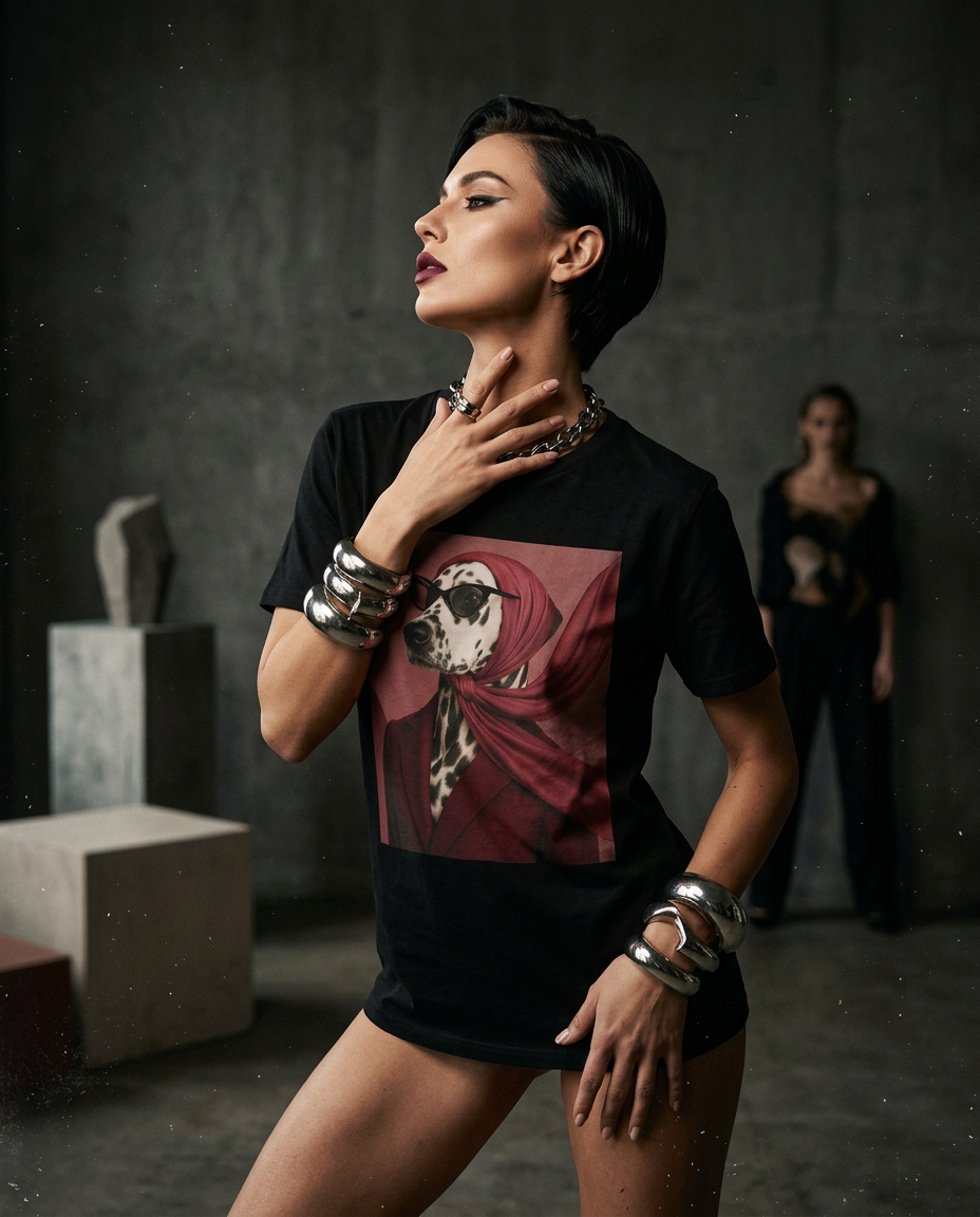 Camalestore T-shirt Spot Luxe usada por modelo feminina, silhueta forte e iluminação cinematográfica, composição assimétrica.