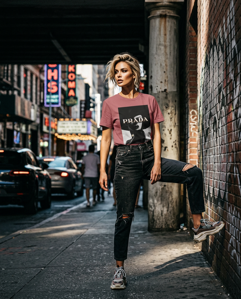 Camalestore T-shirt Shadow Couture Muse, modelo com silhueta forte e iluminação cinematográfica, posando em composição assimétrica.