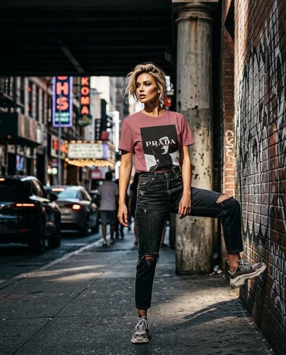 Camalestore T-shirt Shadow Couture Muse, modelo com silhueta forte e iluminação cinematográfica, posando em composição assimétrica.