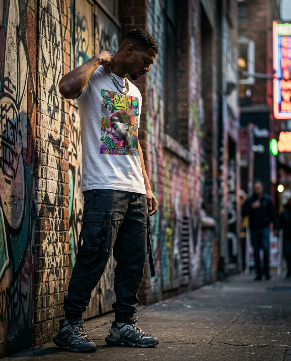 Camiseta Graffiti Crown da Camalestore, modelo posando com silhueta forte, iluminação cinematográfica e composição assimétrica.