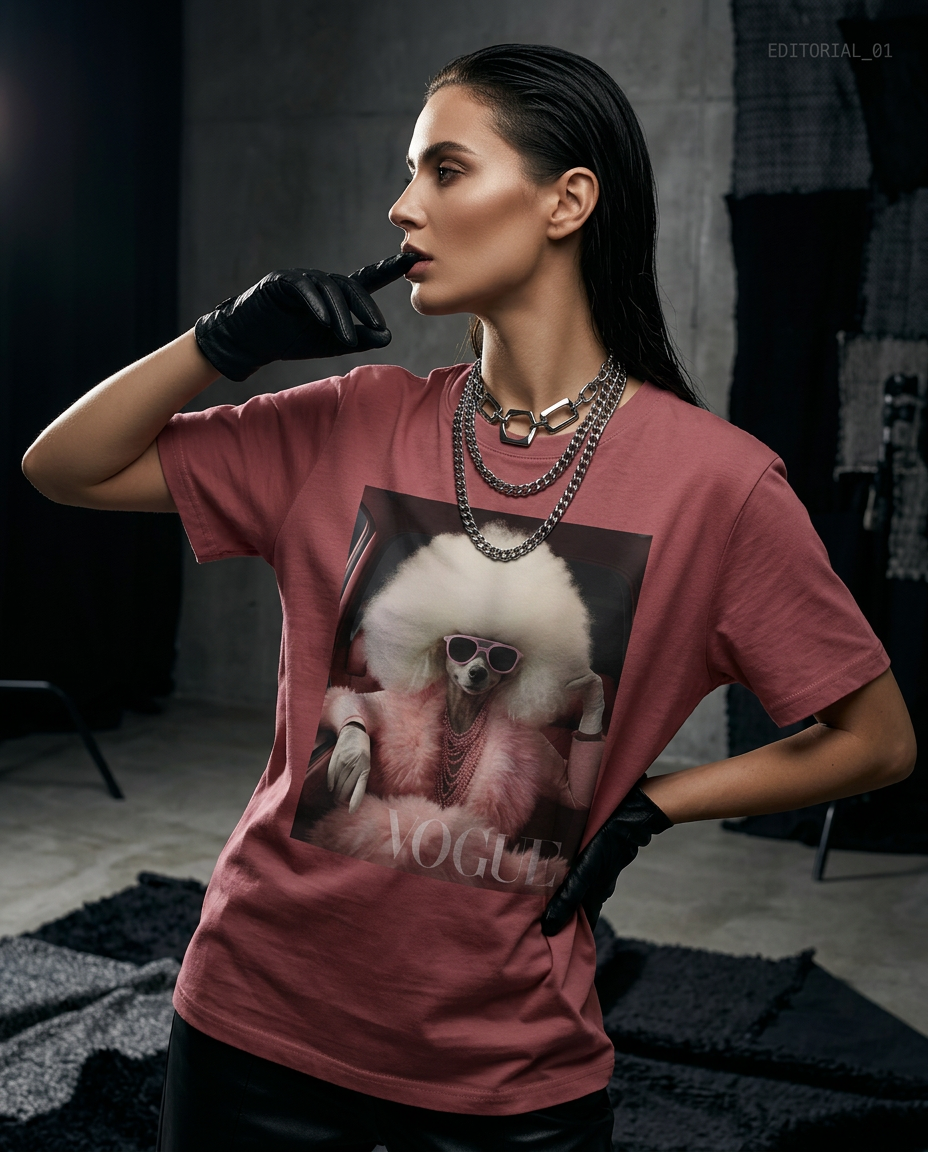 Camiseta Poodle Glam da Camalestore, modelo feminino usando camiseta de estilo casual com iluminação cinematográfica e silhueta marcante.