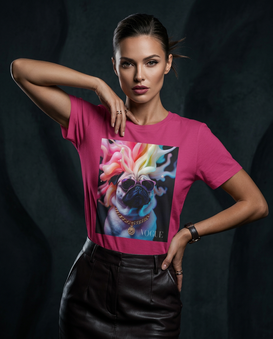 Camiseta Pug Chromatic Elite da Camalestore, modelo feminino posando sob iluminação cinematográfica com silhueta forte.