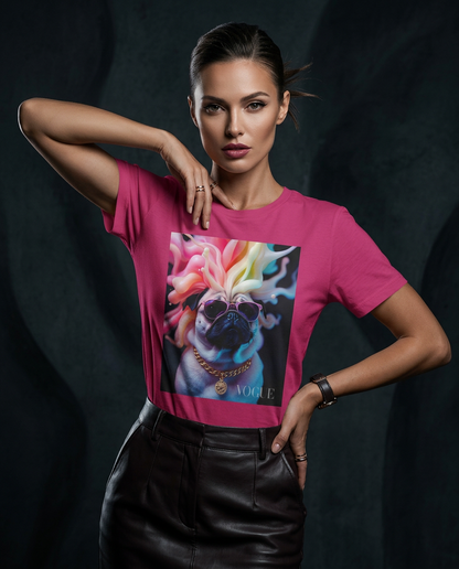 Camiseta Pug Chromatic Elite da Camalestore, modelo feminino posando sob iluminação cinematográfica com silhueta forte.