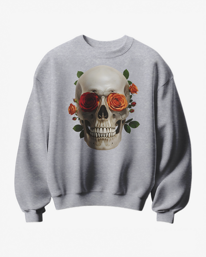 Sweatshirt Camalestore Skull Rose com padrão de caveira e rosa, confortável e de estilo casual.